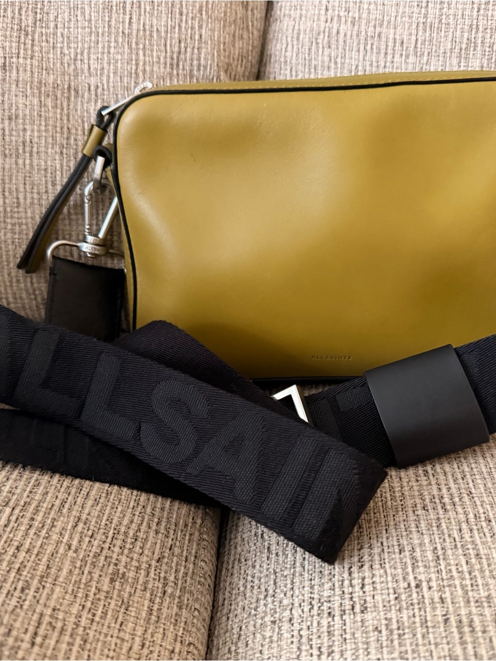 AllSaints Chartreuse Leather Crossbody with Black Webbed Strap